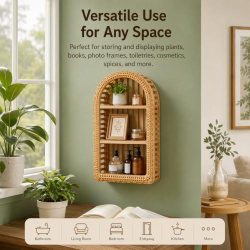 3-Tier Hand-Woven Bamboo Wall Shelf with Arch Frame - Rustic Wall Mount Organizer