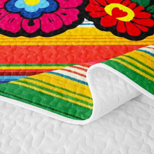 Exotic Retro Floral Quilt Set Queen Size with Red Green Variation - Boho Rainbow Geometric Bedding with 2 Pillowcases