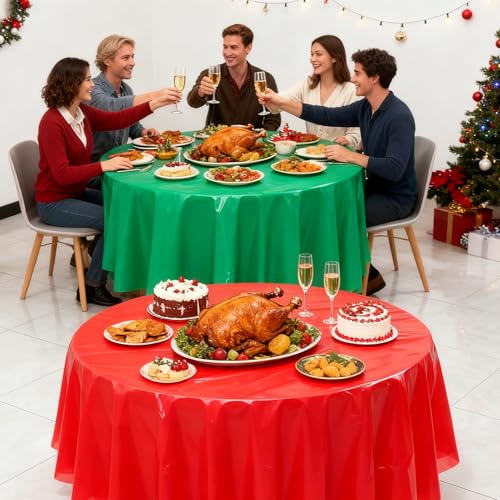 Christmas Round Disposable Tablecloth 84 Inch Set of 12 - Gold Red Green Waterproof Party Supplies - B-christmas