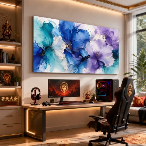 Aqua Indigo Bloom Floral Canvas Wall Art - 58x28 Inch Framed Botanical Decor