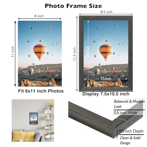 JCJMY 8x11 Picture Frame Silver Gray for Wall Hanging or Tabletop, Wall Mounting Horizontally or Vertically, 8 x 11 Wall Gallery Poster Photo Frame for 8 by 11 Photo, Silver Gray