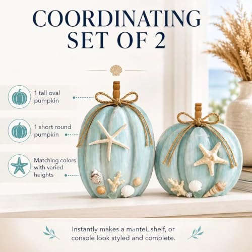 2-Pack Coastal Wooden Pumpkin Decor with Starfish & Shell Accents, 6.69 & 5.91 Inches