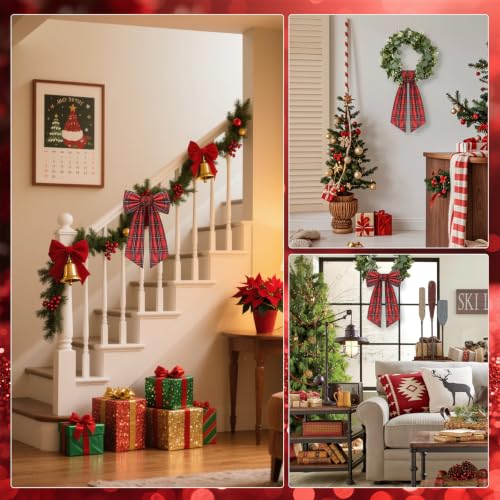 Red Buffalo Plaid Wreath Sash Set for Front Door Holiday Decorations - 2 Pack