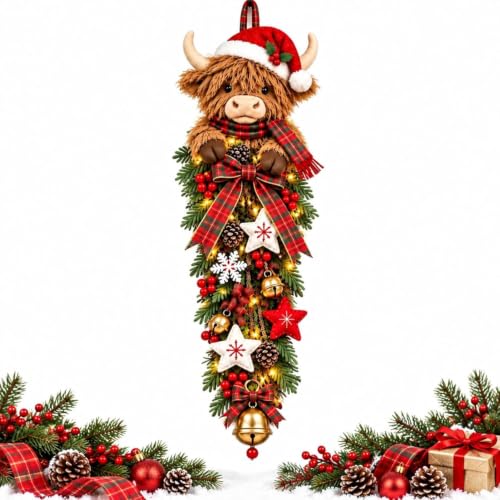 Lighted Highland Cow Christmas Door Swag - Farmhouse Holiday Decor - Orange