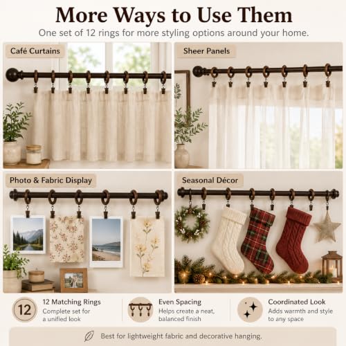 Wood Curtain Rings with Clips - 1.77" Inner Diameter, Walnut Finish, Set of 12