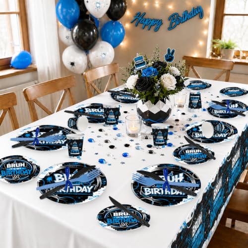 Bruh Its My Birthday Decorations Tableware Set - 98Pcs Blue & Black Party Supplies