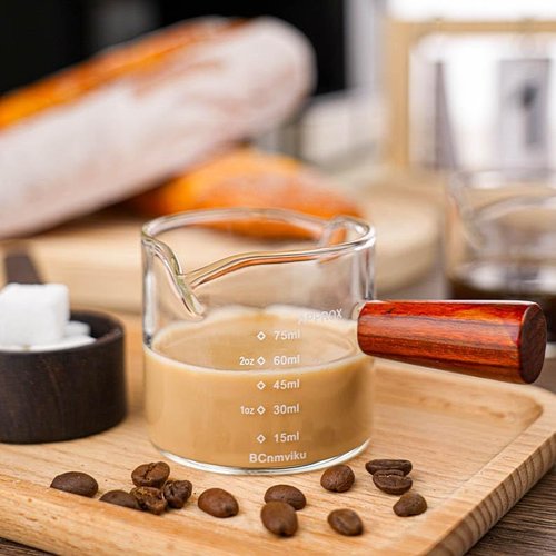 BCnmviku Double Spouts Measuring Pitcher - 75ML Clear Glass Milk Cup with Wood Handle
