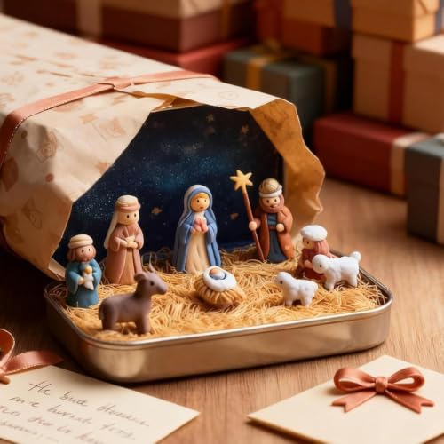 Mini Christmas Nativity Set in Tin Box - Handcrafted Pocket Scene with Figures - Holiday Religious Decor - Variation #a / 1