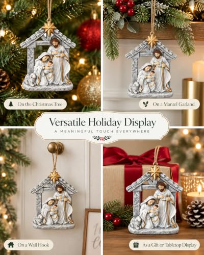 4 Grey Nativity Holy Family Resin Ornaments Christmas Set - Manger Scene