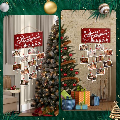 Christmas Card Holder Wall Decor with Snowflake Clips - Red Wooden Merry Christmas Display