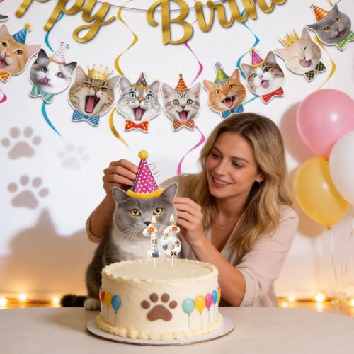 Party Cat Number Candle - Pet Themed Birthday Cake Topper - 6 - Paw Print Decoration for Cat Lovers