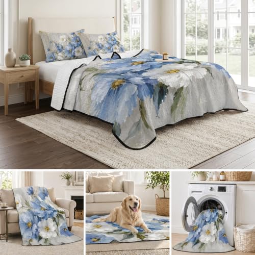 Blue White Flower Quilt Set Twin XL 3 Piece Bed Coverlet Bedding - Rustic Daisy