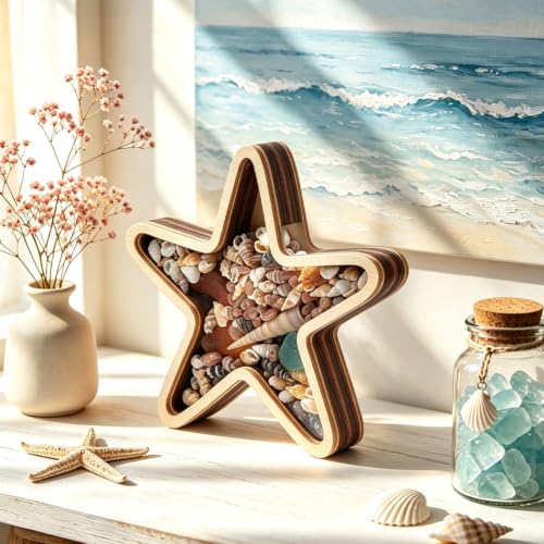 Starfish Wooden Shark Tooth Display Case 6.7x6.4 Inch Beach Decor