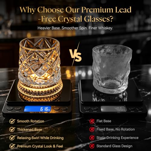 Ice Crackle Pattern Whiskey Glass Set of 4 with LED Light Bases - 9.5 oz, Includes Ice Ball Molds