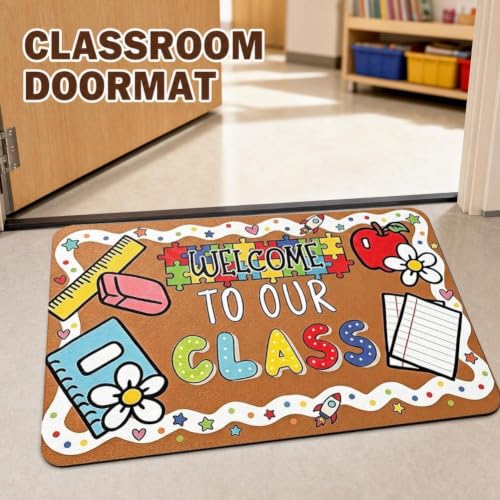 Classroom Welcome Mat with Flower Design - Non Slip Entry Rug for School