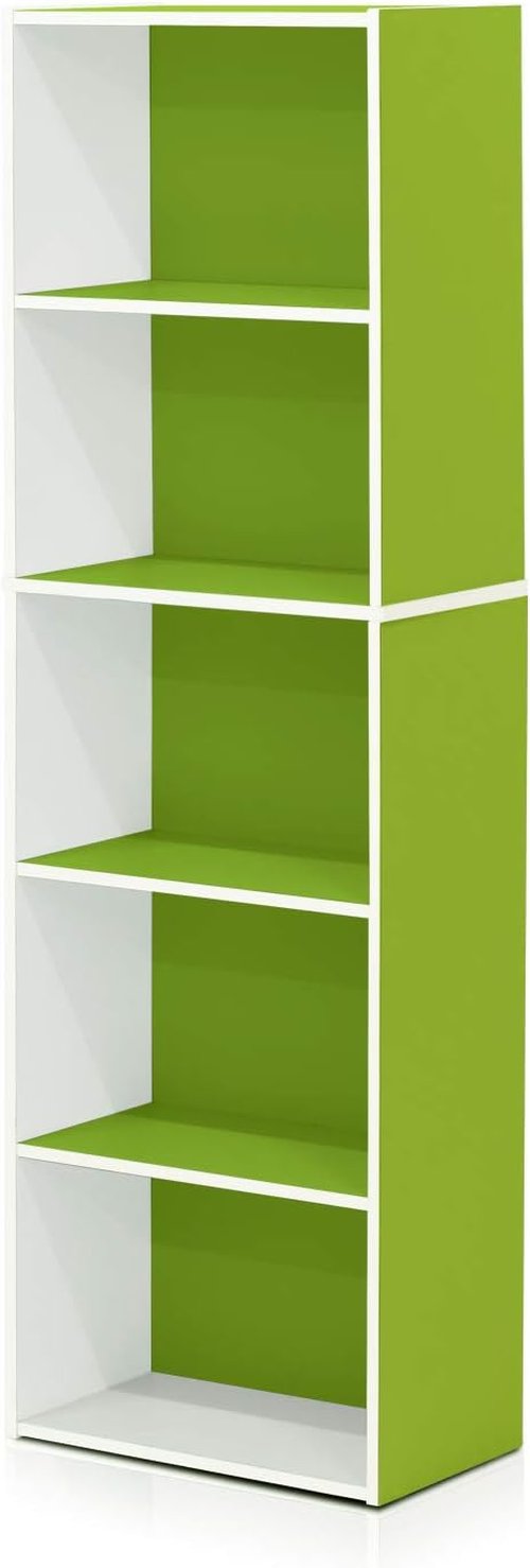 Furinno LUDER 5-Tier Bookshelf - Open Shelves for Easy Assembly | White/Green, 9.4 x 15.8 x 52 Inches