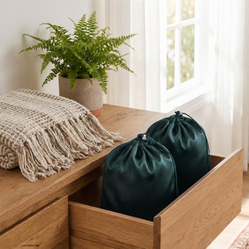 Dark Green Satin Toy Storage Bags 6 Pcs Drawstring Pouch Set in 3 Sizes
