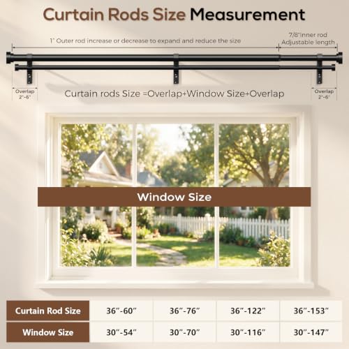 Heavy Duty Double Curtain Rod 36-76 Inch Black - Metal Support, Adjustable