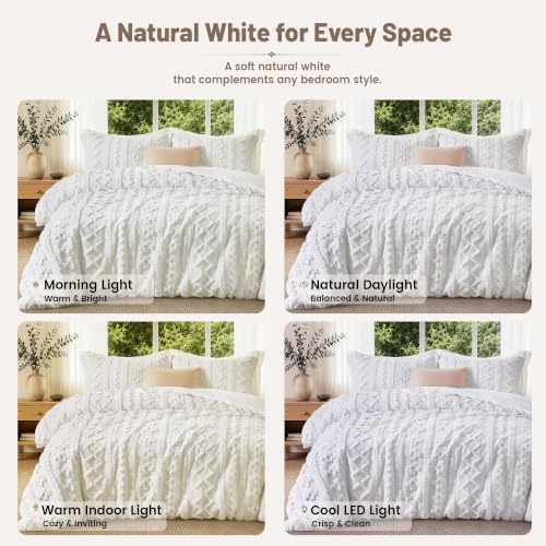 Queen Boho Duvet Cover Set with Tufted Geometric Texture - White