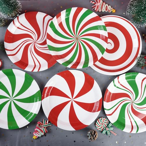 Christmas Candy Paper Plates 48 Count, 9 Inch Peppermint Swirl Party Dinnerware