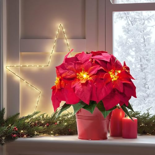 Velvet Red Artificial Poinsettia Flowers for Holiday Decor - 10 Inch LED Lighted Set