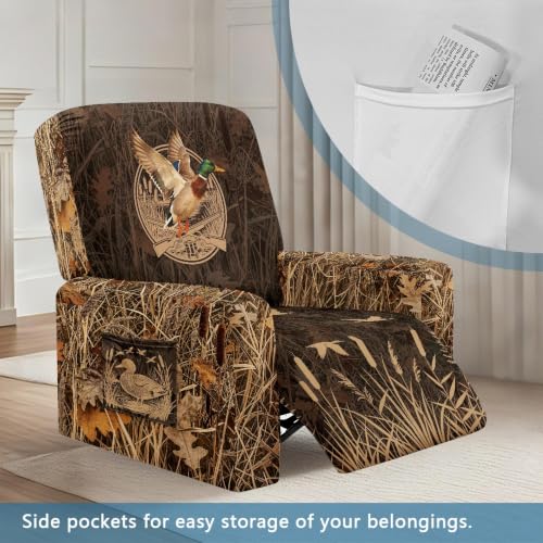 Duck Hunting Camo Print Recliner Chair Cover - 4-Piece Stretch Slipcover with Side Pocket