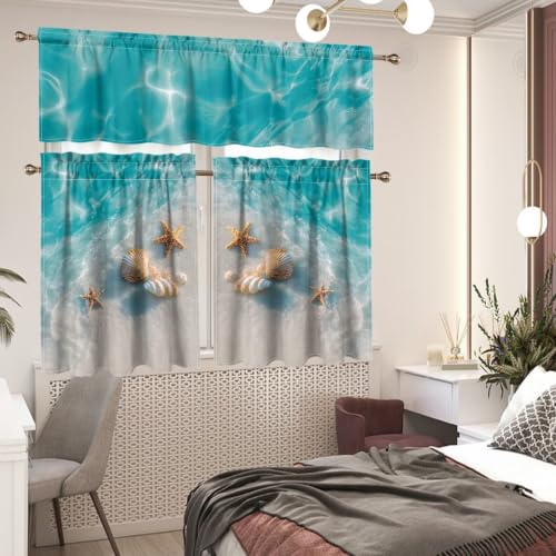Beach Kitchen Curtains Tier and Valance Set 3 Pieces - 27.5W x 24L
