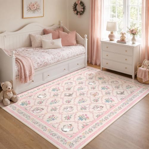Pink Floral Cat Rug 4x6 ft - Washable Non-Slip Area Rug for Girls Bedroom & Nursery - Pink & White Vintage Design