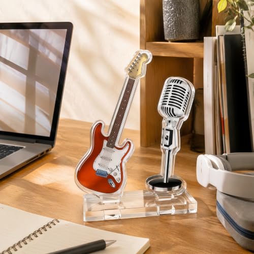 Red Acrylic Guitar and Microphone Desktop Ornament - Music Decor Stand