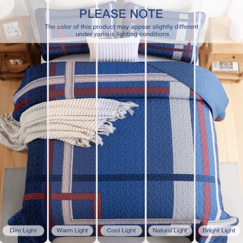WONGS BEDDING Navy Blue Quilt Set Queen Size 3 Pieces Boho Stripe Bedspread