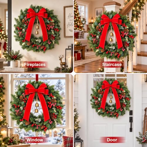 Green 20-Inch Christmas Wreaths with Red Bow & Bells - 2 Pack, Real Touch Pine
