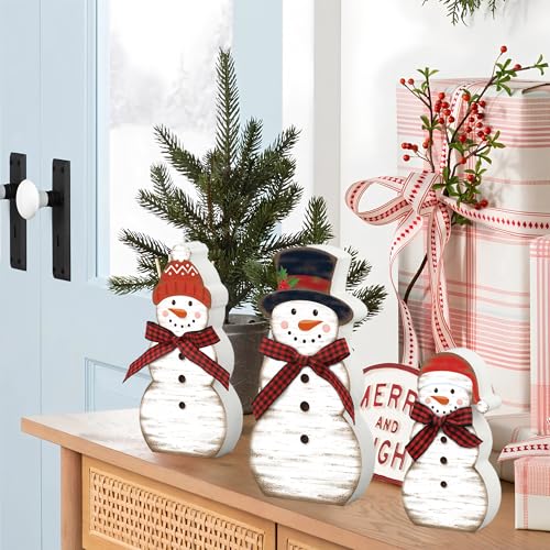 Christmas Snowman Wooden Table Decorations Set - Rustic Holiday Farmhouse Centerpiece