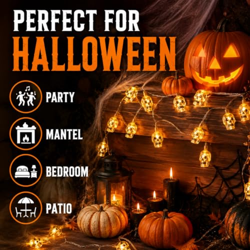 Halloween Skull String Lights - 9.8FT 20 LED Battery Operated - Variation A