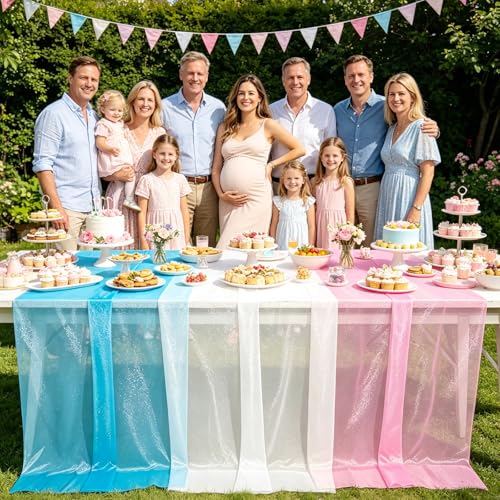 Pink and Blue Chiffon Table Runners Set of 6 10Ft for Baby Shower Wedding Party
