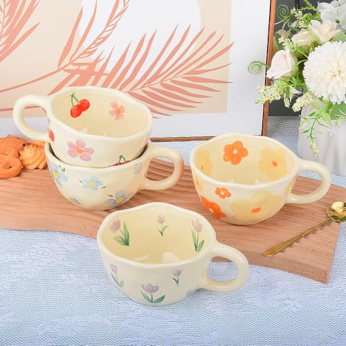 Orange Ceramic Coffee Mug with Flower Spoon, 8oz Handmade Kawaii Teacup