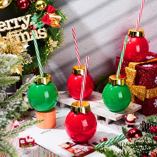 24 Pack Christmas Plastic Ball Cups with Lids & Straws - 12 oz Holiday Party Set