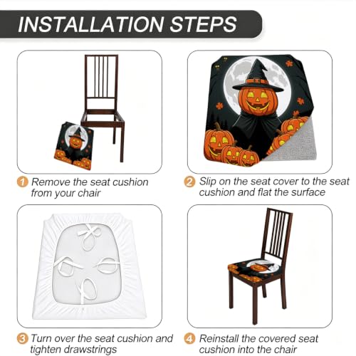 Halloween Pumpkin Chair Seat Covers - Fanciful Witch Moon Design, 4 Pcs, Orange Spandex