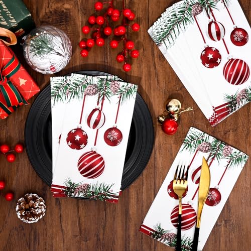 Christmas Disposable Paper Napkins with Pine Cone & Ornament Design - 100 Pack