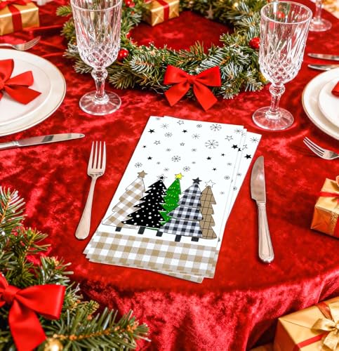 50 Pieces Christmas Tree Paper Napkins - 3-Ply Gingham Holiday Disposable Hand Towels