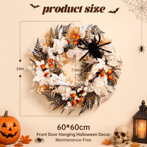 Halloween Front Door Wreath with Spider and Maple Leaves - 22 Inch