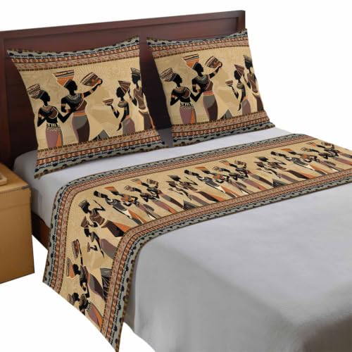 King Size Bed Runner Set 94x20in with 2 Pillow Covers - Black Ethnic Boho Decor