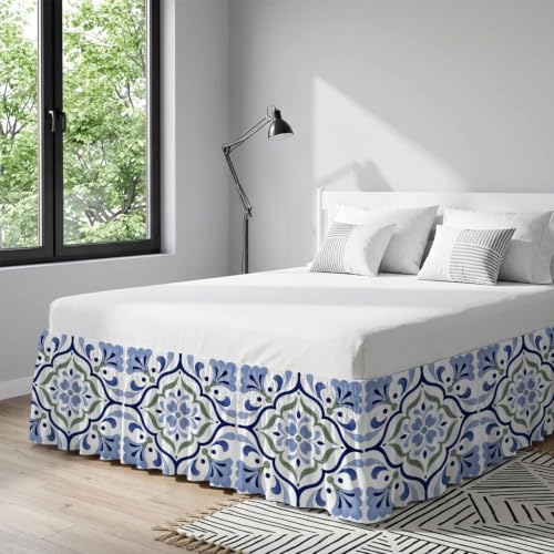 Blue Green Botanical King Size Bed Skirt 16 Inch Drop Elastic Wrap Around Dust Ruffle - Slate Blue