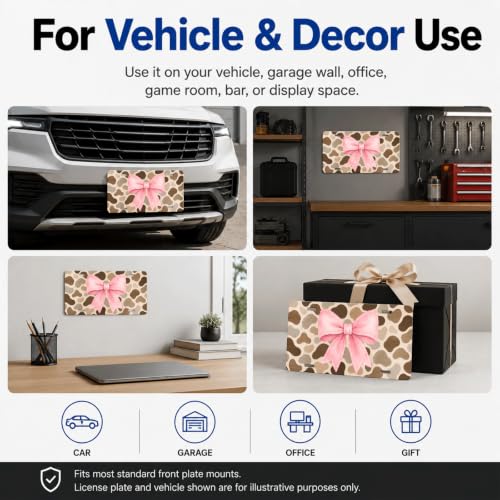 Pink Bow Cow Print Aluminum License Plate Decor 6x12 - Western Farmhouse Style