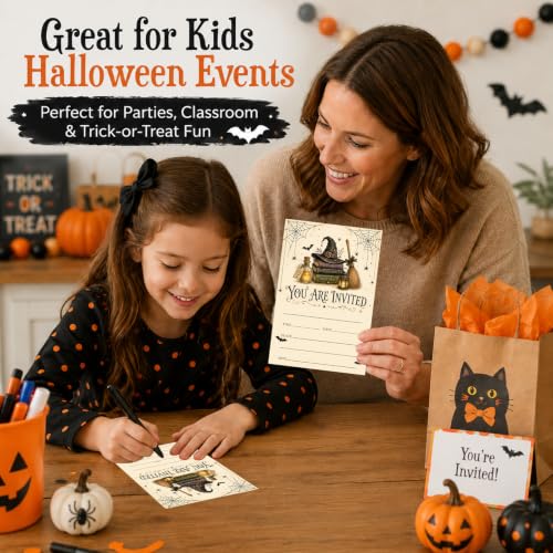 Halloween Party Invitations - Witch Hat Potion Books & Broom - Fill In Cards with Envelopes - Books & Broom Variant