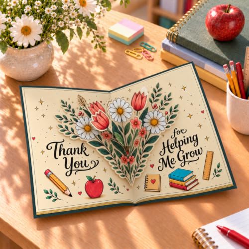 Teacher Appreciation Pop Up Greeting Card with Floral Design - Thank You for Educators
