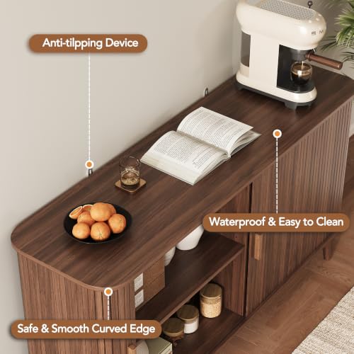 55-Inch Walnut Fluted Sideboard Buffet Cabinet with Sliding Door - Mid-Century Modern Storage