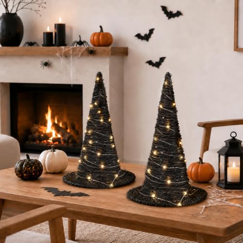 Halloween Rattan Witch Hat Decor with String Lights - 2 Pieces Table Centerpieces