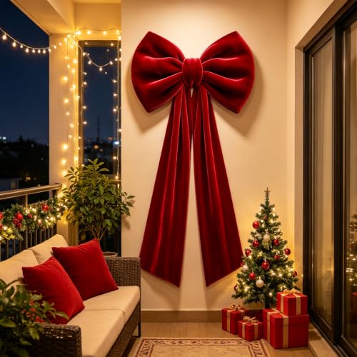 Christmas Tree Topper Bow - Red Velvet 15.8 x 78 Inches Extra Long Holiday Decor