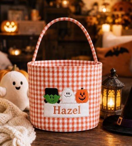 Personalized Halloween Gingham Basket with Embroidered Name - Black