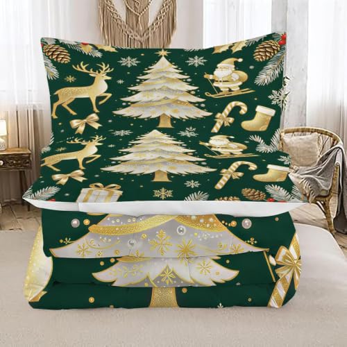 Christmas Comforter Set Queen Size - Gold Reindeer Tree Bedding 3 Pcs - Holiday Bedding
